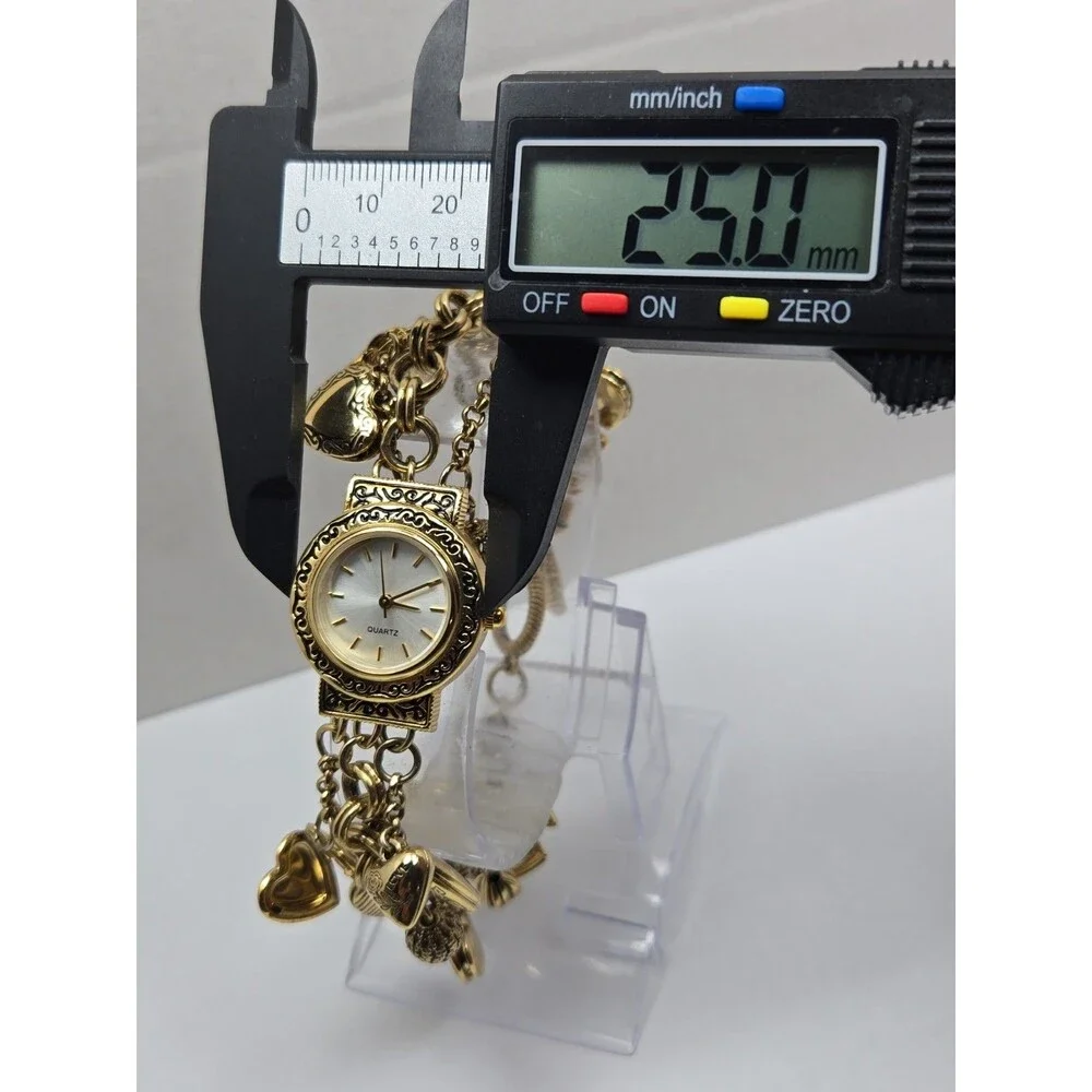 Womens Vintage Gold Tone Hearts Lockets Charms Bracelet Quartz Watch New Battery